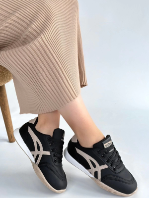 Zlay Siyah Cilt Bej Detaylı Bağcıklı Spor Ayakkabı (Numara: 38)