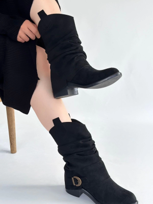 Canty Siyah Süet Körüklü Topuklu Çizme (Numara: 36)