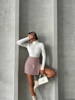 İki Düğmeli Kaz Ayağı Desen Ch Kumaş Şort Etek Bordobeyaz H26414 (Beden: Xl) - Görsel 3