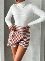 İki Düğmeli Kaz Ayağı Desen Ch Kumaş Şort Etek Bordobeyaz H26414 (Beden: Xl) - Görsel 6