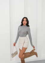 İki Düğmeli Kaz Ayağı Desen Ch Kumaş Şort Etek Beyazturuncu H26414 (Beden: L) - Görsel 3