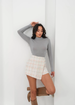 İki Düğmeli Kaz Ayağı Desen Ch Kumaş Şort Etek Beyazturuncu H26414 (Beden: Xl) - Görsel 2