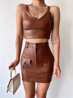 Önden İki Cepli Deri Etek Kahve H240040 (Beden: S) - Görsel 2