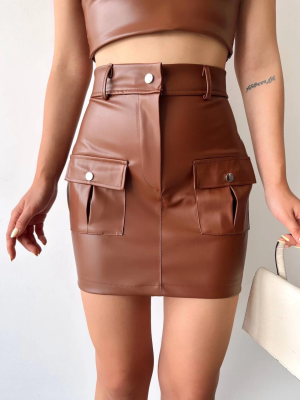 Önden İki Cepli Deri Etek Kahve H240040 (Beden: S)