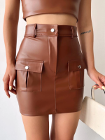 Önden İki Cepli Deri Etek Kahve H240040 (Beden: S) - Görsel 3