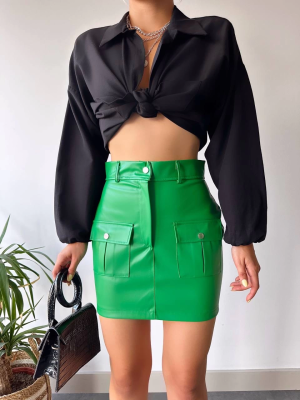 Önden İki Cepli Deri Etek Yeşil H240040 (Beden: M)