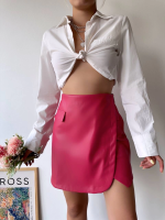 Cep Detaylı Oval Kapaklı Deri Etek Fuşya H240048 (Beden: L) - Görsel 4