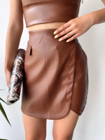 Cep Detaylı Oval Kapaklı Deri Etek Kahve H240048 (Beden: S)