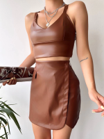 Cep Detaylı Oval Kapaklı Deri Etek Kahve H240048 (Beden: M) - Görsel 3