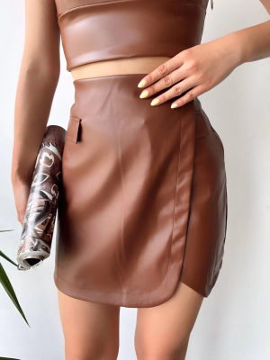 Cep Detaylı Oval Kapaklı Deri Etek Kahve H240048 (Beden: L)