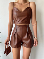 Çift Fermuarlı Deri Şort Kahve H24394 (Beden: L) - Görsel 2