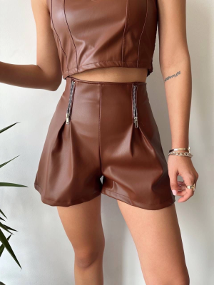 Çift Fermuarlı Deri Şort Kahve H24394 (Beden: L)