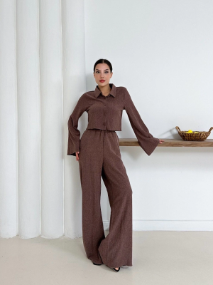 Gömlek Yaka Kaplama Düğmeli Takım Kahve St265866 (Beden: S)