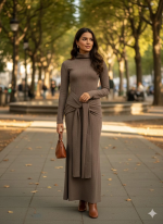 Kendinden Kemerli Uzun Elbise Vizon (Beden: S)