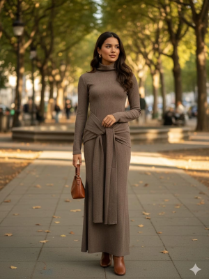 Kendinden Kemerli Uzun Elbise Vizon (Beden: S)