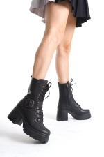 Linma Siyah Cilt Bağcıklı Topuklu Bot (Numara: 38)