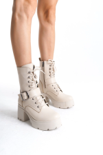 Linma Bej Cilt Bağcıklı Topuklu Bot (Numara: 37)