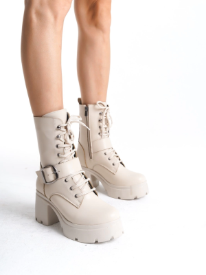 Linma Bej Cilt Bağcıklı Topuklu Bot (Numara: 38)