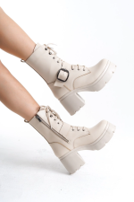 Linma Bej Cilt Bağcıklı Topuklu Bot (Numara: 39) - Görsel 2