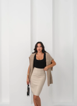 Arkadan Yırtmaçlı Kalem Etek Bej (Beden: M) - Görsel 3