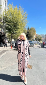 Siyah Çizgi Desenli Elbiseli Hırka Takım Pudra Siyah (Beden: Standart)