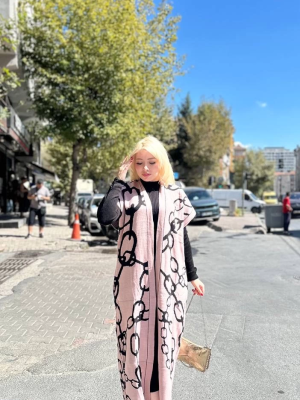 Siyah Çizgi Desenli Elbiseli Hırka Takım Pudra Siyah (Beden: Standart)