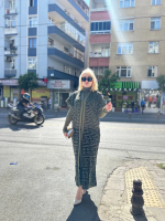 Siyah Çizgi Desenli Elbiseli Hırka Triko Takım Haki (Beden: Standart)