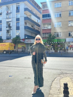 Siyah Çizgi Desenli Elbiseli Hırka Triko Takım Haki (Beden: Standart) - Görsel 3