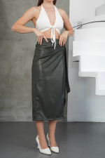 Kuşaklı Uzun Deri Etek Haki H26414 (Beden: M) - Görsel 6