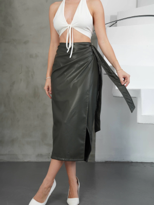 Kuşaklı Uzun Deri Etek Haki H26414 (Beden: L)