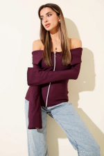 Omzu Açık Fermuarlı Bluz Mürdüm T4330 (Beden: S) - Görsel 2