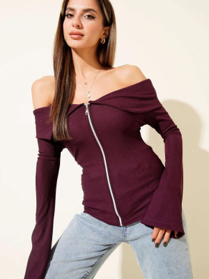 Omzu Açık Fermuarlı Bluz Mürdüm T4330 (Beden: S)