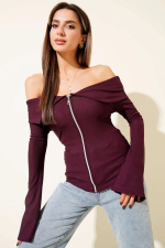 Omzu Açık Fermuarlı Bluz Mürdüm T4330 (Beden: L)