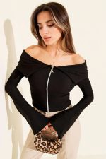 Omzu Açık Fermuarlı Bluz Siyah T4330 (Beden: Xl)