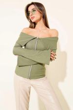 Omzu Açık Fermuarlı Bluz Haki T4330 (Beden: S) - Görsel 2
