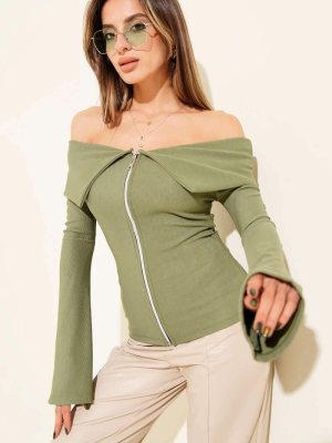 Omzu Açık Fermuarlı Bluz Haki T4330 (Beden: M)