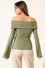 Omzu Açık Fermuarlı Bluz Haki T4330 (Beden: L) - Görsel 3