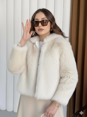 Fermuarlı Kısa Kürk Siyah Ekru T7746 (Beden: L)