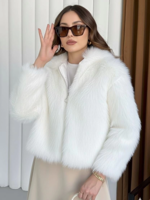 Fermuarlı Kısa Kürk Beyaz T7746 (Beden: M)