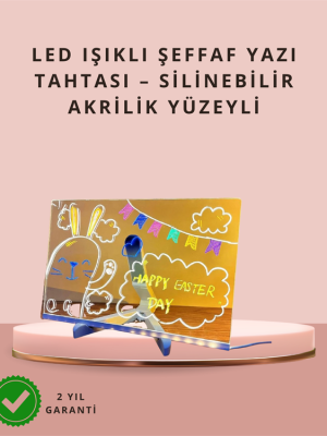 LED Işıklı Şeffaf Yazı Tahtası – Neon Etkili Akrilik Pano, Silinebilir, 7 Renkli Kalemli, 30x20 cm
