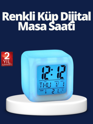 Renk Değiştiren LED Alarmlı Dijital Küp Masa Saati