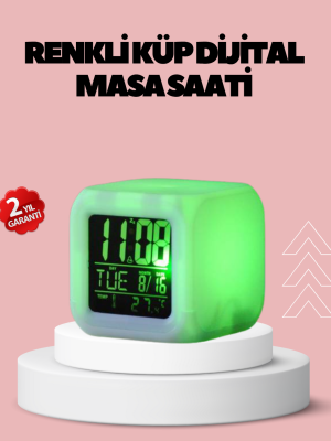 Kronometre ve Takvim Destekli Renk Değiştiren LED Dijital Küp Saat