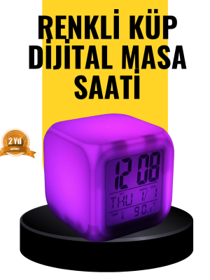 7 Renk LED Işıklı Alarmlı Dijital Küp Masa Saati Termometreli