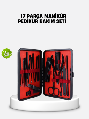 17 Parça Profesyonel Manikür Pedikür Seti Paslanmaz Çelik Siyah Kutu