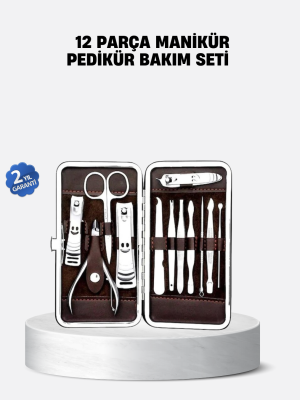 Özel Deri Çantalı 12 Parça Manikür Pedikür Bakım Seti Paslanmaz Çelik