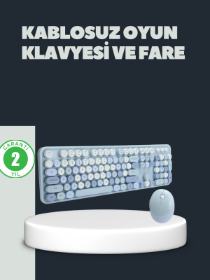 Retro Daktilo Stilli Kablosuz Klavye Mouse Seti – Sessiz ve Şık