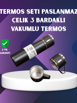 Paslanmaz Termos ve İkili Bardak Seti | 6-12 Saat Sıcak/Soğuk Tutma