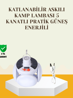 Güneş Paneliyle Şarj Olan Katlanabilir LED Çadır Lambası – 5 Kademeli Aydınlatma