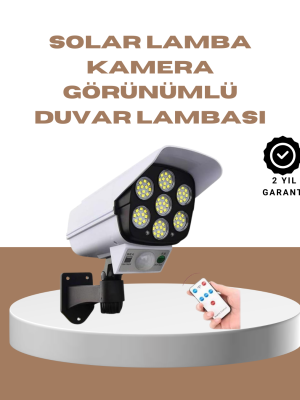 Güneş Enerjili LED Lamba + Güvenlik Kamerası Görünümlü– 5-8 m Hareket Algılamalı, Beyaz Işık