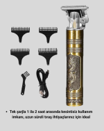 Şarjlı T Bıçaklı Saç ve Sakal Tıraş Makinesi – 3 Başlıklı, Güçlü Motorlu, 2 Saat Kullanım - Görsel 4